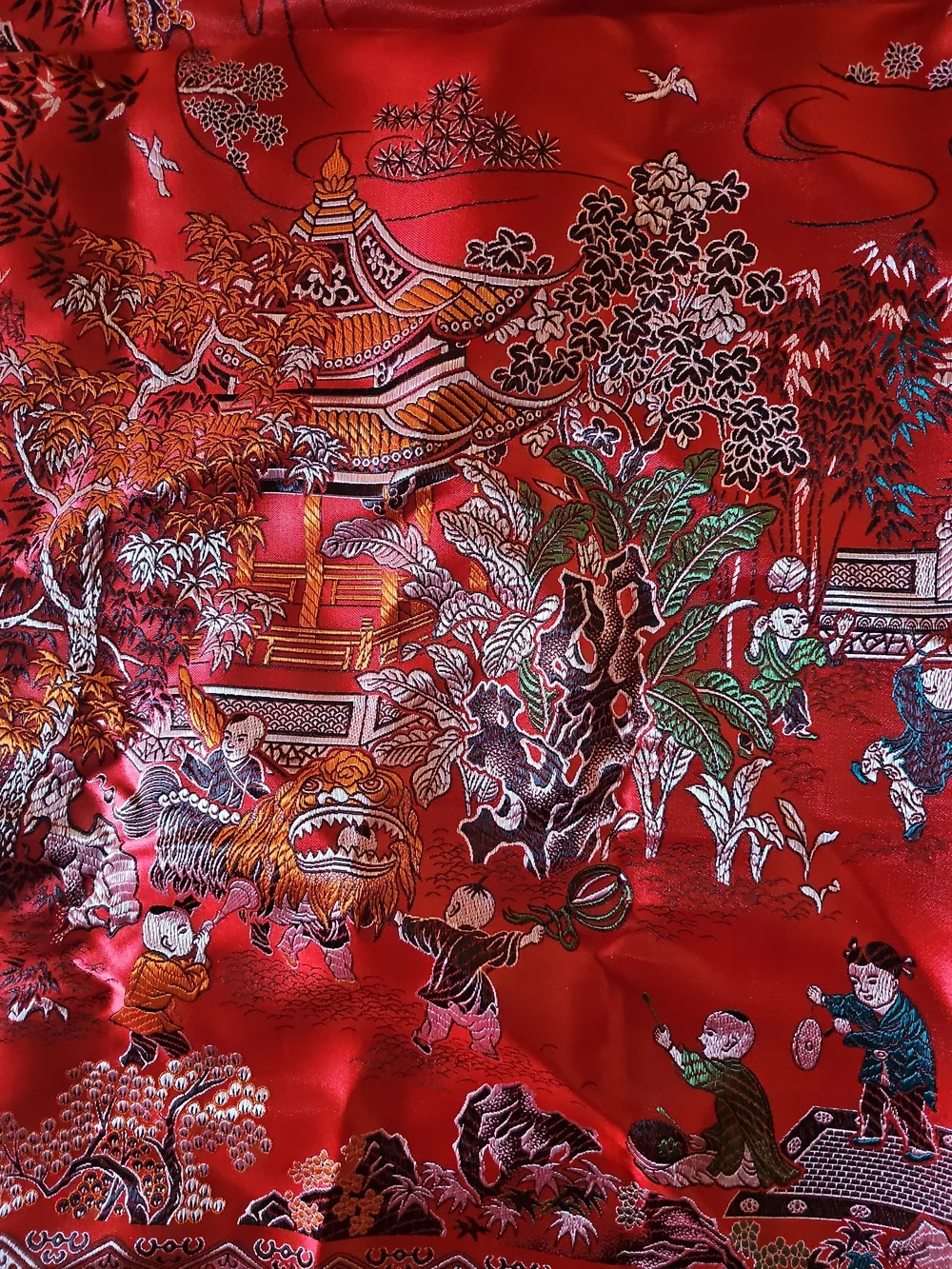 Vintage Chinese RED Silk Brocade Large Piano Shawl / Tablecloth Tapestry